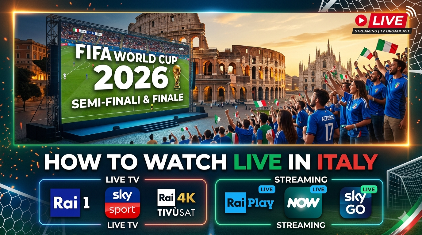 Official broadcasting layout for FIFA World Cup 2026 live streaming and TV channels in Italy, highlighting Rai 1, Sky Sport, Rai 4K, and the RaiPlay app.