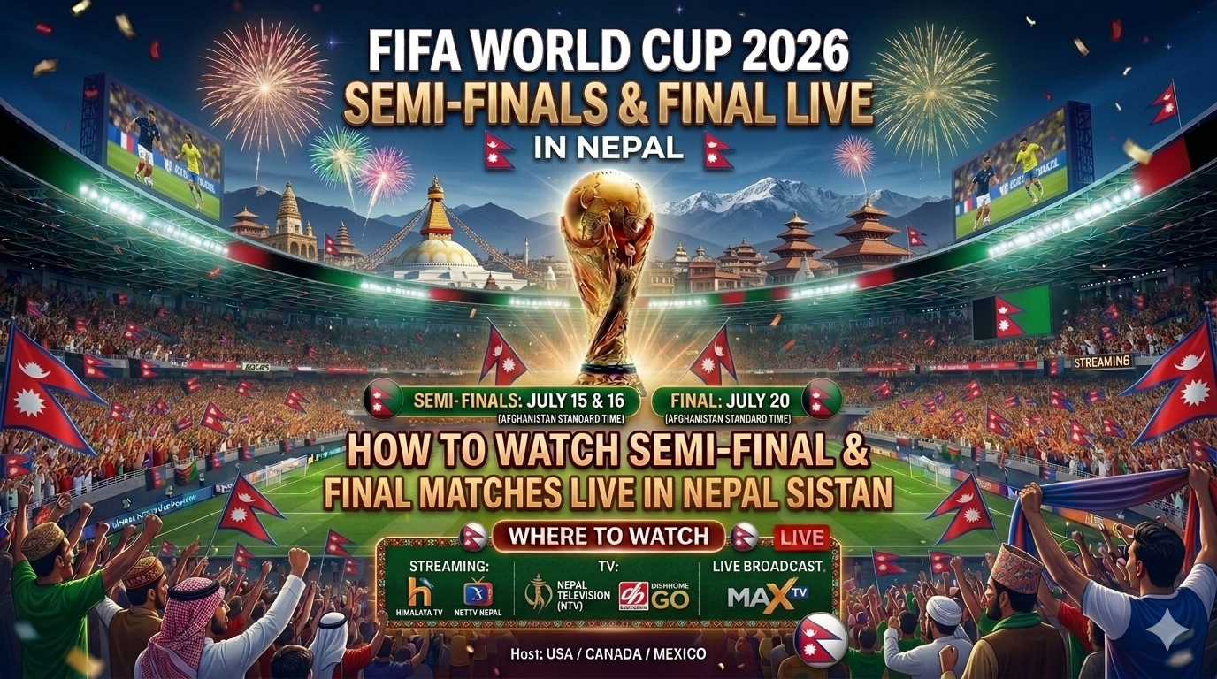 A cozy living room setup in Kathmandu featuring a large smart television screen broadcasting a live FIFA World Cup 2026 match, with the NTV Plus channel logo visible in the corner.